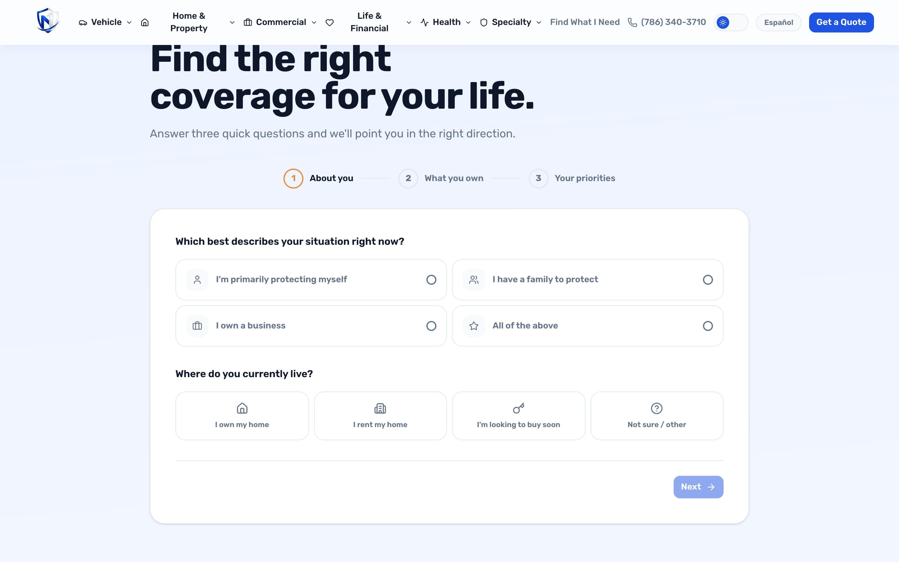 The coverage finder on the Nation One Insurance website